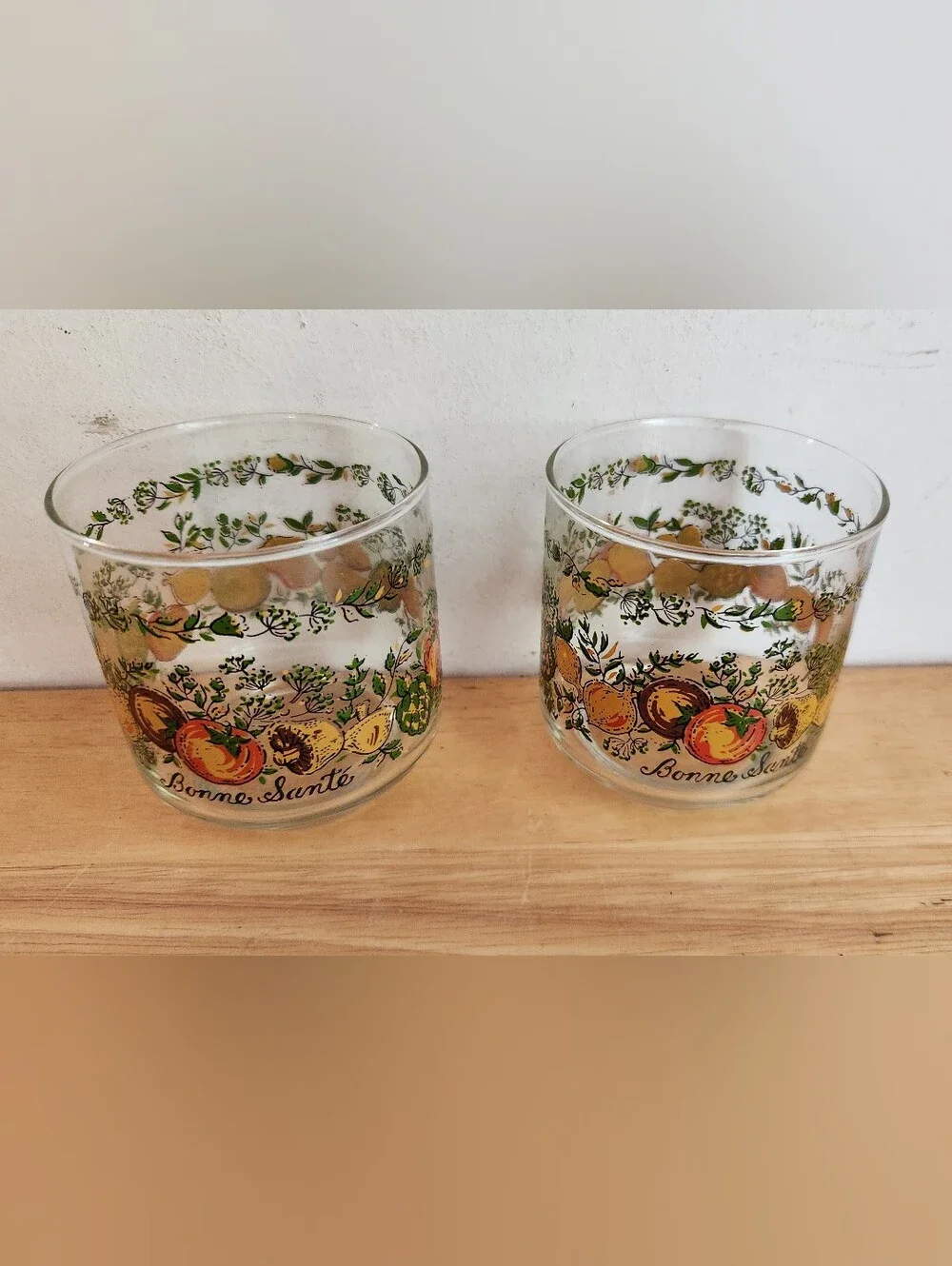 Vintage Libbey Pair Bonne Santé Fruit Glasses Spice Of LifeClear Floral Tumbler